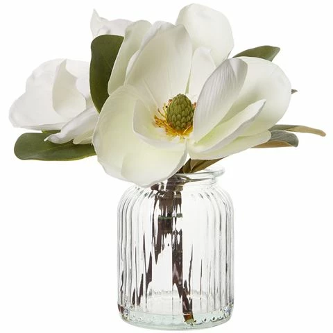 Coastal Home - Magnolia White Flower In Glass Vase 30cm 1 Coastal Home - Magnolia White Flower In Glass Vase 30cm